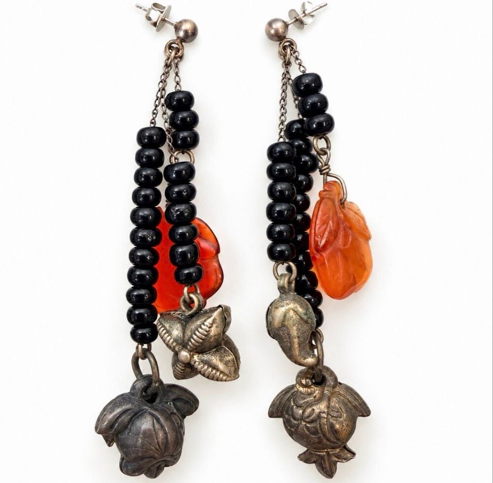 Vintage Artisan Black Bead Orange Carved Leaf Long Dangle Earrings